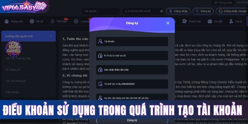 Điều khoản sử dụng trong quá trình tạo tài khoản 